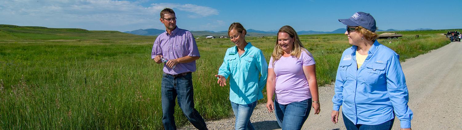 Four people walking outdoors on dirt road.